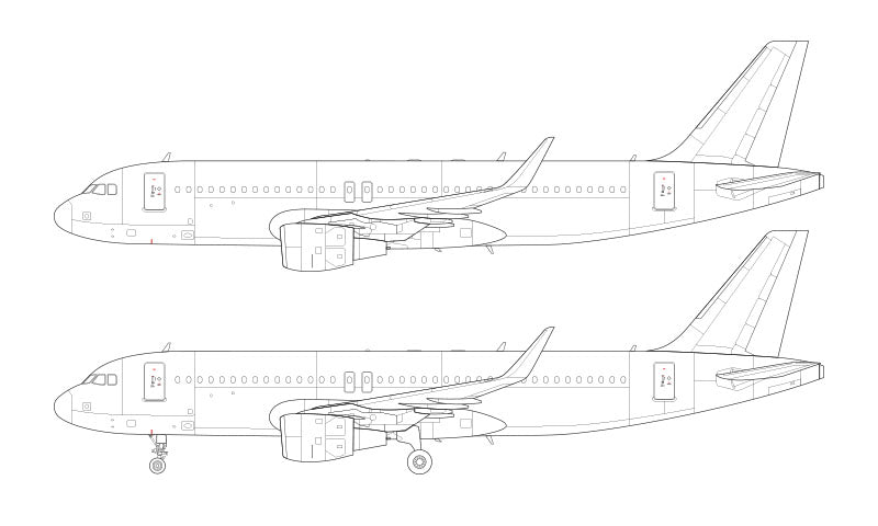 Airbus A320 with CFM56 engines and sharklets line drawing