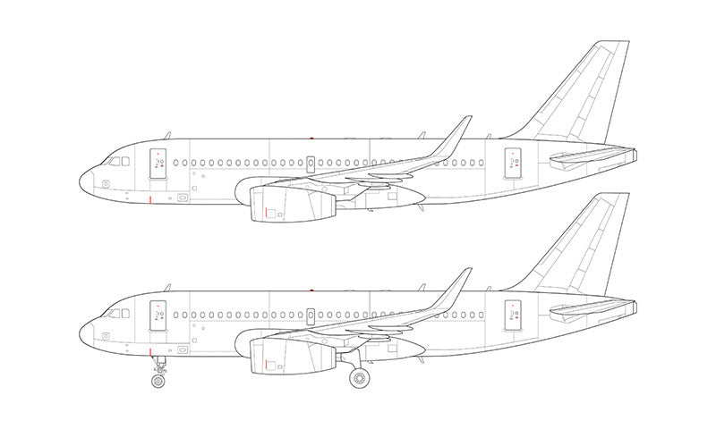 Airbus A319 with v2500 engines and sharklets line drawing