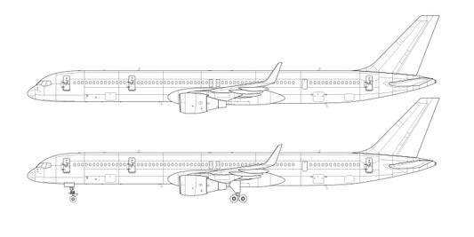 Boeing 757-300 with Pratt & Whitney Engines and Winglets Line Drawing Illustration