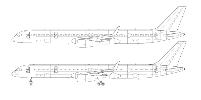 Boeing 757-300 with Rolls Royce Engines and Winglets Line Drawing Illustration